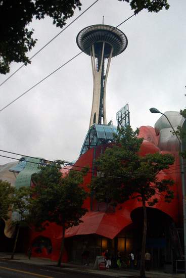 Space Needle towering above the Experience Music Project!