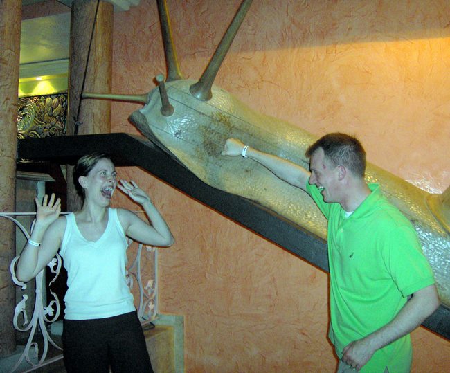 Pat saving Kim from the huge wood snail in the lobby!  Our hero!