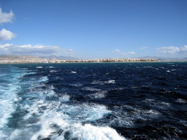 Sailing away from land!  The water was an incredible blue!