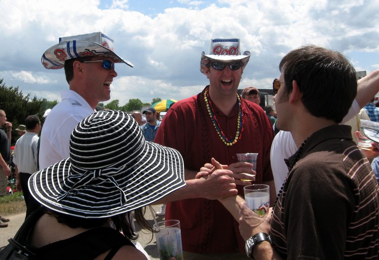 Brock making friends with creative hat makers!