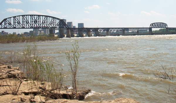 View of the falls with Louisville in the background.